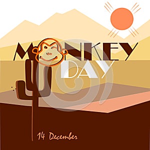 Happy World Monkey day web banner illustration. Wild animal with African safari decoration for animal care and conservation.