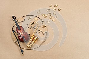 Happy world music day. Musical instruments with globe background.