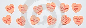 Happy World or National Compliment Day. Pink paper stickers in heart shape with text of popular compliments for beautiful lady