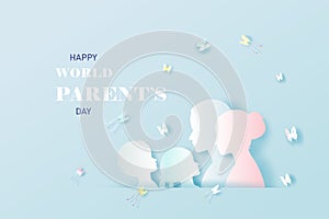 Happy World Parents Day with Mom and Father, Children`s and Butterfly