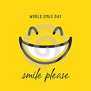 Happy world smile day banner vector illustration greeting design on yellow background with emoticon drawing