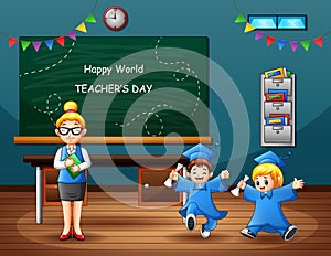 Happy World Teachers Day with graduation kids and teacher
