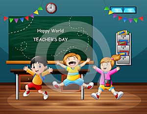 Happy World Teachers Day with happy student jumping on classroom