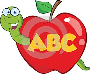 Happy Worm In Red Apple With Glasses And Leter ABC photo