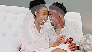 Happy, wow and couple with pregnant woman, pregnancy test and smile in bedroom at home. Black woman and man hold