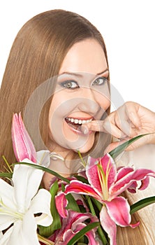 Happy xxl woman biting finger flowers
