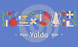Happy Yalda night horizontal banner template with symbols of the holiday - watermelon, pomegranate, nuts, candles and