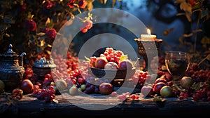 Happy yalda night, winter solstice festival, The birth of the sun or the moon, Copyspace background for text, grapes