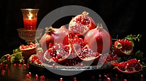 Happy yalda night, winter solstice festival, The birth of the sun or the moon, Copyspace background for text, grapes