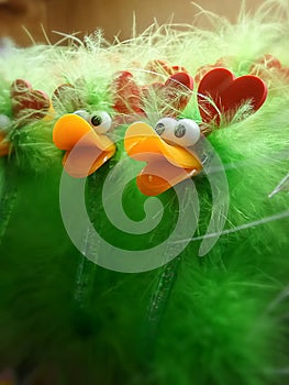 Happy yellow beak and green feather dools