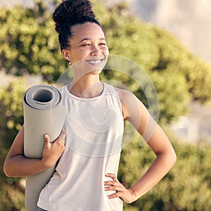 Happy, yoga and zen black woman in nature or park to start pilates training, meditation and breathing exercises. Smile