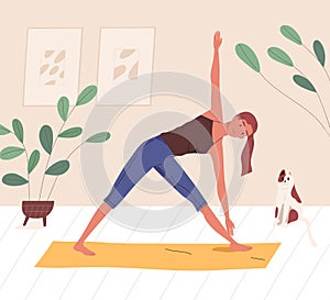 Happy yogini enjoying training on mat at home vector flat illustration. Smiling woman practicing yoga, pilates or