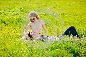 Happy young adult couple in love on the field. Two, man and wom