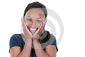 Happy young african american woman hands on chin face isolated on white background
