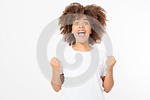 Happy young afro woman isolated on white background in tshirt clothes. Copy space. Mock up. White template blank t shirt