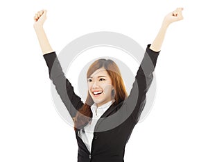 Happy young asian business woman with success gesture