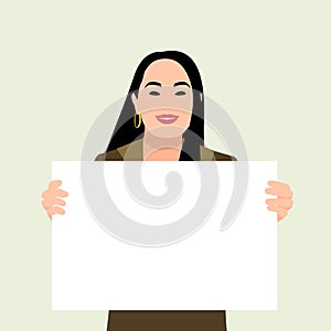 Happy young asian girl holding/showing/displaying white blank board/banner/poster.Hand drawn style vector