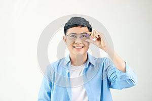 Happy Young Asian man smiling wearing glasses, isolated on white background