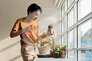 Happy young Asian man spend his free time taking care of and spraying water on the cactus plant by the sunny windows in the