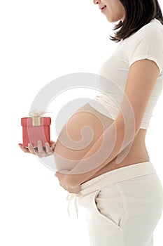 Happy Young Asian Pregnant Woman Showing Christmas Gift Box