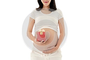Happy Young Asian Pregnant Woman Showing Christmas Gift Box