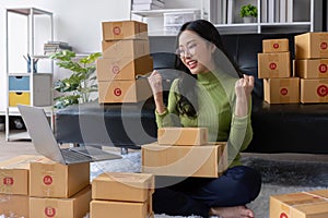 Happy young Asian woman entrepreneur, Smile for sales success after checking order from online shopping store on laptop