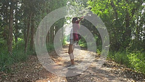 Happy young Asian woman traveler with backpack walking in forest. Hiker Asian woman with backpack walking on path in summer forest