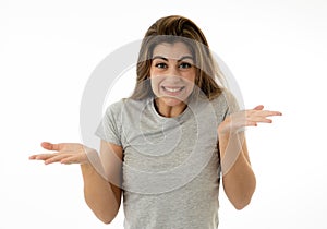 Happy young attractive woman shocked with a surprised funny face. Human expressions and emotions
