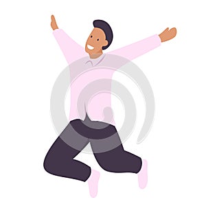 Happy young beautiful man jumping flat vector illustration. Man having fun, dancing and jumping with hands up in the air. Happy