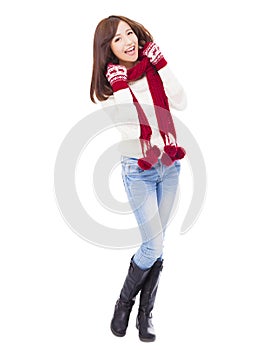 Happy young beautiful woman in winter clothes