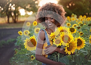 Happy young black woman walks in the sunflower field. Smiling dark-skinned girl with with a bouquet of sunflowers and