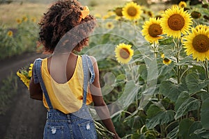 Happy young black woman walks in the sunflower field On the Sunset. Dark-skinned girl with with a bouquet of sunflowers