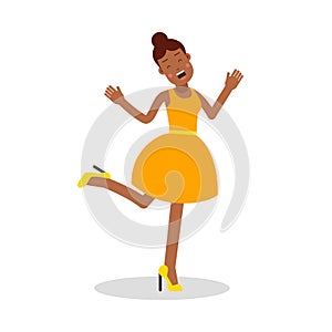 Happy young black woman in yellow dress laughing cartoon character vector Illustration