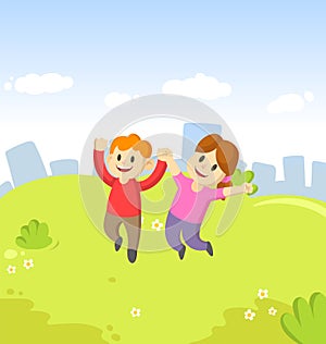 Happy cartoon young boy and girl kids jumping for joy with their hands in the air on city and blue sky background.