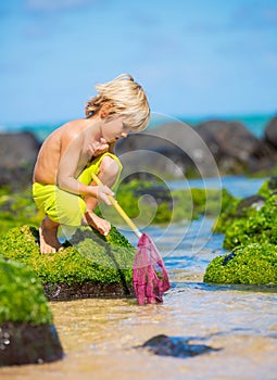 Happy Young boy having fun at the beach, playing with fishing ne