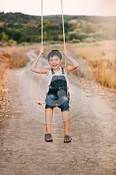 Happy young boy playing on swing in a park