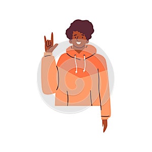 Happy young boy showing love gesture with sign language flat style, vector illustration