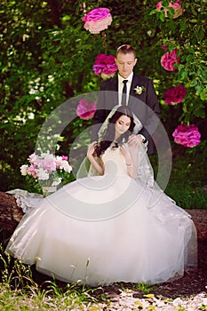 Happy young bride and groom in a pink decorated with peonies area in nature, family, relationships, romance, smiles, hugs, love