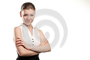 Happy young business woman with folded hand