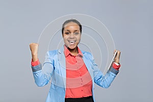 Happy Young Business Woman Hold Tablet Computer Excited African American Girl