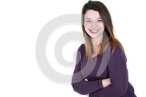 Happy young business woman posing isolated over white copy space wall background