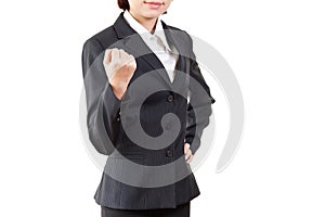 Happy young business woman raising arm and smiling on white background. Business person celebrating success, victory, excitement,