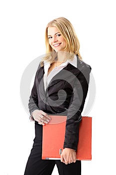 Happy young business woman with red folder