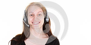 Happy young business woman smiling cheerful support phone operator call center portrait in headset