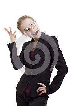 Happy young business woman on white background