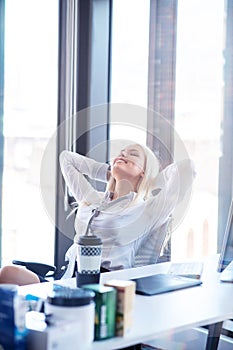 Happy young business women relaxing and geting insiration while working on desktop computer at modern bright starup