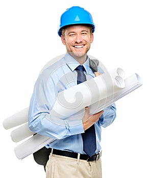 Happy young businessman architect on white background