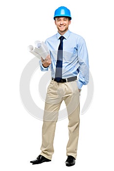 Happy young businessman architect on white background