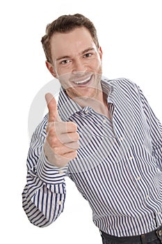 Happy young businessman - isolated with a blue shirt - thumbs up