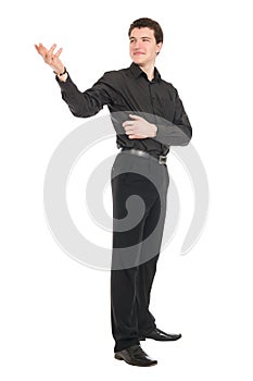 Happy Young Businessman Presenting Isolated Over White Background